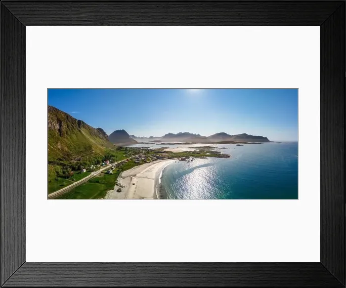 Framed Print : Sweeping drone panorama of Jusnesvika Bay featuring Rambergstranda beach on Flakstadoya Island Framed Print : Sweeping drone panorama of Jusnesvika Bay featuring Rambergstranda beach on Flakstadoya Island