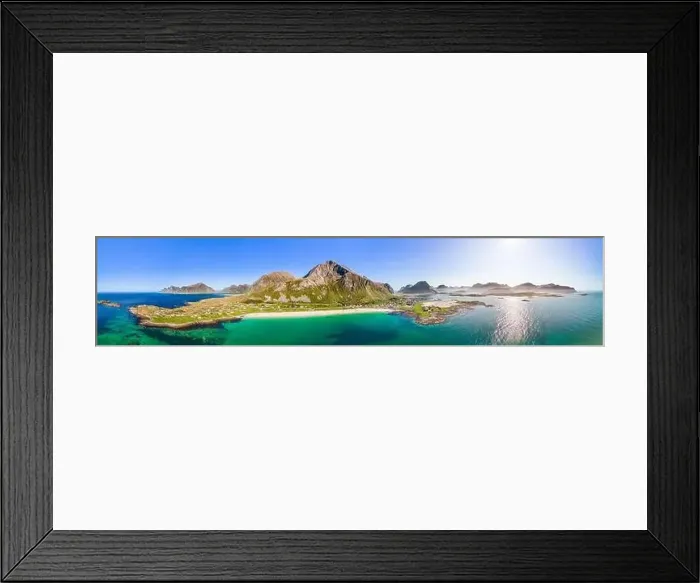 Framed Print : Expansive drone panorama of Jusnesvika Bay and Rambergstranda beach on Flakstadoya island Framed Print : Expansive drone panorama of Jusnesvika Bay and Rambergstranda beach on Flakstadoya island