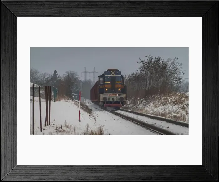 Framed Print : Cargo train with motor engine in winter snowy morning near cold village Lenesice CZ 12 09 2023 Framed Print : Cargo train with motor engine in winter snowy morning near cold village Lenesice CZ 12 09 2023