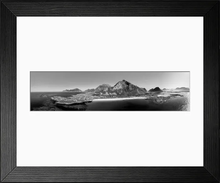 Framed Print : Monochrome drone panorama of Jusnesvika Bay and Rambergstranda beach on Flakstadoya island Framed Print : Monochrome drone panorama of Jusnesvika Bay and Rambergstranda beach on Flakstadoya island