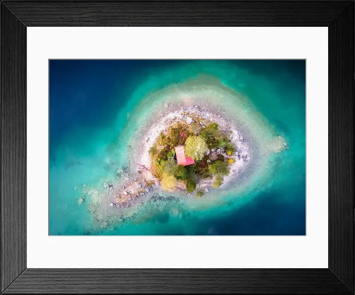 Framed Print : Aerial View of the Schonbichl Island at Eibsee Lake Framed Print : Aerial View of the Schonbichl Island at Eibsee Lake