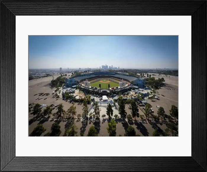 Framed Print : Drone images of Dodger Stadium with the Los Angeles skyline visible in a few shots Framed Print : Drone images of Dodger Stadium with the Los Angeles skyline visible in a few shots