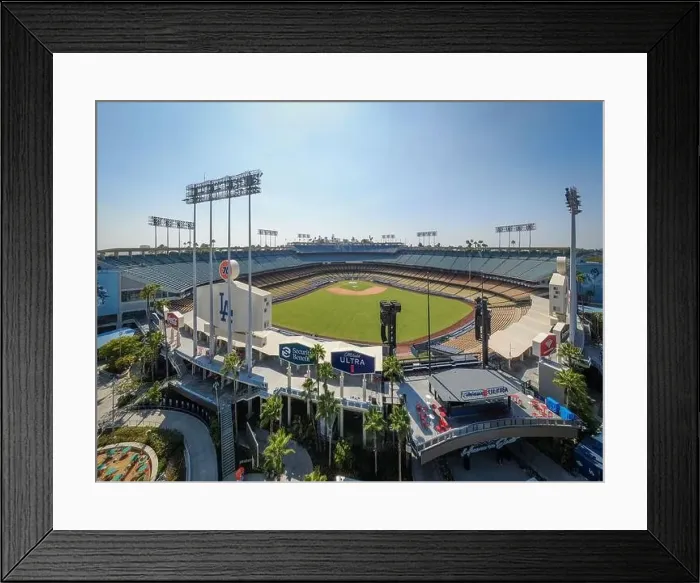 Framed Print : Drone images of Dodger Stadium with the Los Angeles skyline visible in a few shots