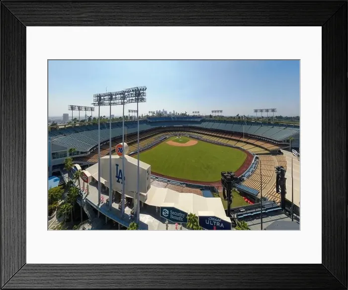 Framed Print : Drone images of Dodger Stadium with the Los Angeles skyline visible in a few shots Framed Print : Drone images of Dodger Stadium with the Los Angeles skyline visible in a few shots
