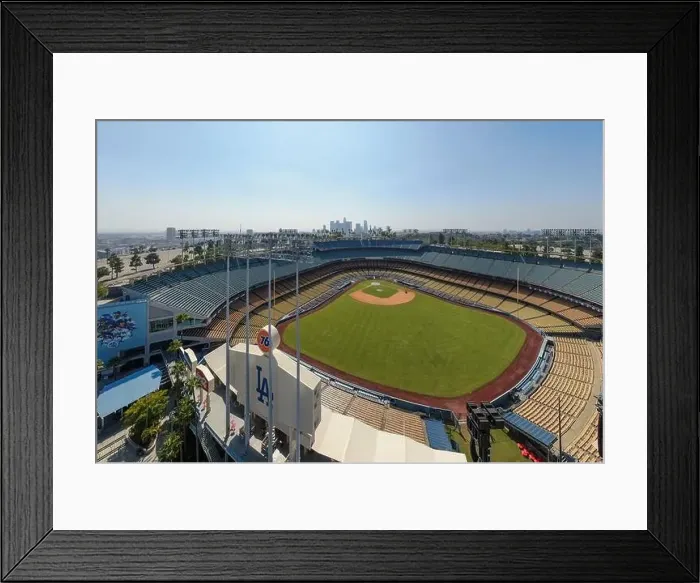 Framed Print : Drone images of Dodger Stadium with the Los Angeles skyline visible in a few shots Framed Print : Drone images of Dodger Stadium with the Los Angeles skyline visible in a few shots