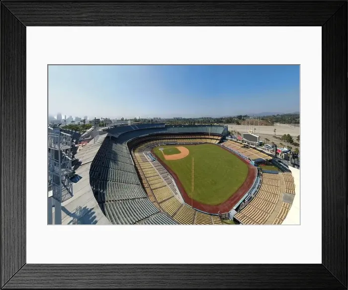 Framed Print : Drone images of Dodger Stadium with the Los Angeles skyline visible in a few shots Framed Print : Drone images of Dodger Stadium with the Los Angeles skyline visible in a few shots