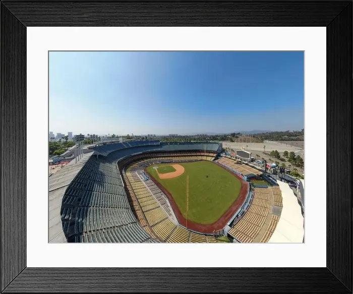 Framed Print : Drone images of Dodger Stadium with the Los Angeles skyline visible in a few shots Framed Print : Drone images of Dodger Stadium with the Los Angeles skyline visible in a few shots