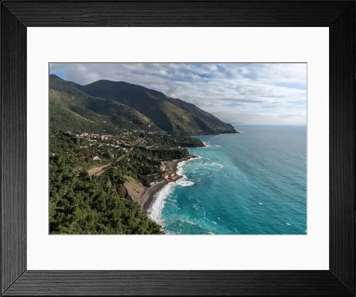 Framed Print : A view of the Maratea Coast and the hamlet of Acquafredda on the Italian coast of Basilicata