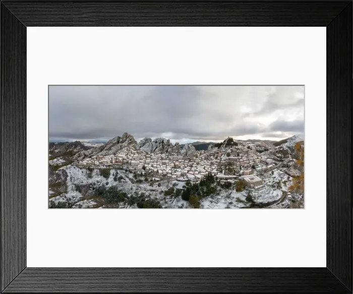 Framed Print : panorama drone view of Pietrapertosa in the piccolo Dolomiti region of southern Italy in winter Framed Print : panorama drone view of Pietrapertosa in the piccolo Dolomiti region of southern Italy in winter