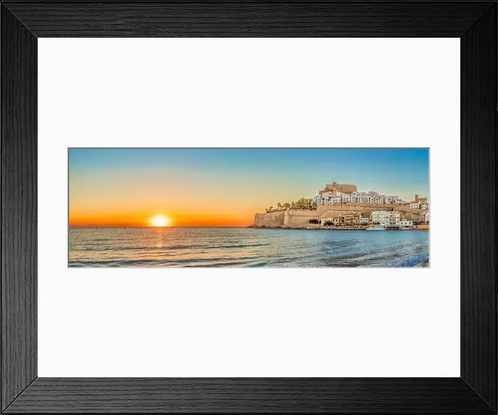 Framed Print : Panoramic view of Peniscola during sunrise, a coastal town in eastern Spain, Costa del Azahar, Province Castello, Spain Framed Print : Panoramic view of Peniscola during sunrise, a coastal town in eastern Spain, Costa del Azahar, Province Castello, Spain