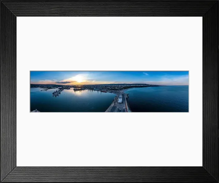Framed Print : Amazing aerial panorama from city port and Varna city at sunset, Bulgaria Framed Print : Amazing aerial panorama from city port and Varna city at sunset, Bulgaria