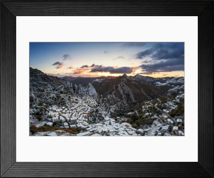 Framed Print : drone view of Castelmezzano in the Piccolo Dolomiti region of southern Italy at sunrise in winter Framed Print : drone view of Castelmezzano in the Piccolo Dolomiti region of southern Italy at sunrise in winter