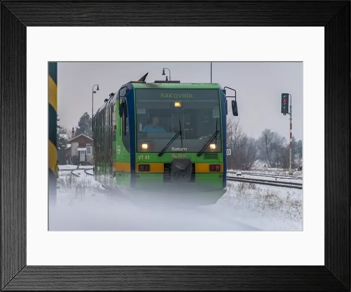 Framed Print : Passenger train with motor engine in winter snowy morning in cold village Lenesice CZ 12 09 2023 Framed Print : Passenger train with motor engine in winter snowy morning in cold village Lenesice CZ 12 09 2023