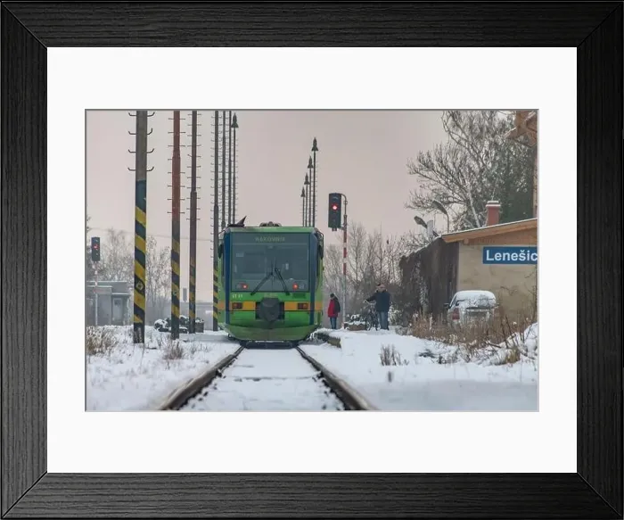 Framed Print : Passenger train with motor engine in winter snowy morning in cold village Lenesice CZ 12 09 2023 Framed Print : Passenger train with motor engine in winter snowy morning in cold village Lenesice CZ 12 09 2023