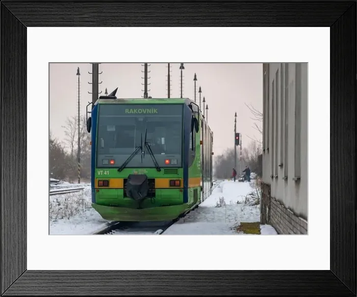Framed Print : Passenger train with motor engine in winter snowy morning in cold village Lenesice CZ 12 09 2023 Framed Print : Passenger train with motor engine in winter snowy morning in cold village Lenesice CZ 12 09 2023