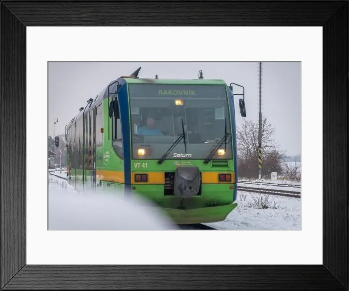Framed Print : Passenger train with motor engine in winter snowy morning in cold village Lenesice CZ 12 09 2023 Framed Print : Passenger train with motor engine in winter snowy morning in cold village Lenesice CZ 12 09 2023