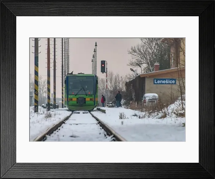 Framed Print : Passenger train with motor engine in winter snowy morning in cold village Lenesice CZ 12 09 2023 Framed Print : Passenger train with motor engine in winter snowy morning in cold village Lenesice CZ 12 09 2023