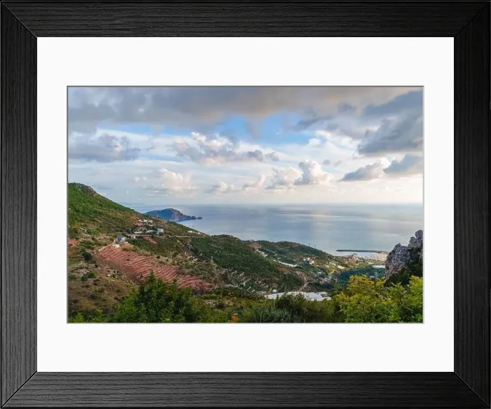 Framed Print : View of the ocean from a mountain showing a port and ships Framed Print : View of the ocean from a mountain showing a port and ships