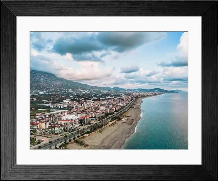 Framed Print : Aerial shot of Alanya city in winter showing the sea and city Framed Print : Aerial shot of Alanya city in winter showing the sea and city
