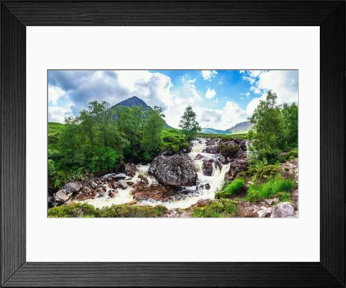 Framed Print : Waterfall under Buachaille Etive Mòr, River Coupall, Glen Etive and River Etive, Highlands, Scotland, UK Framed Print : Waterfall under Buachaille Etive Mòr, River Coupall, Glen Etive and River Etive, Highlands, Scotland, UK