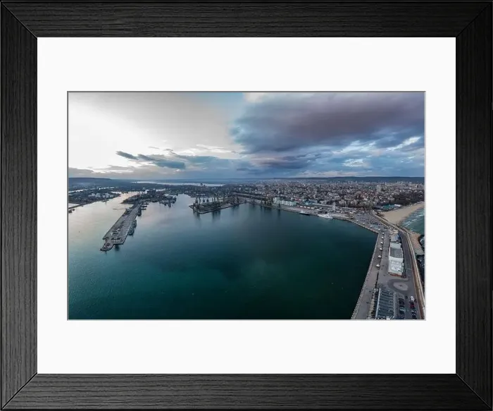 Framed Print : Beauty aerial view of the sea port and industrial zone at sunset in Varna, Bulgaria Framed Print : Beauty aerial view of the sea port and industrial zone at sunset in Varna, Bulgaria
