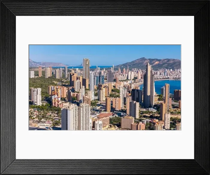 Framed Print : Aerial drone view of the skyline of Benidorm. Benidorm is a coastal city in the Costa Blanca, Spain Framed Print : Aerial drone view of the skyline of Benidorm. Benidorm is a coastal city in the Costa Blanca, Spain