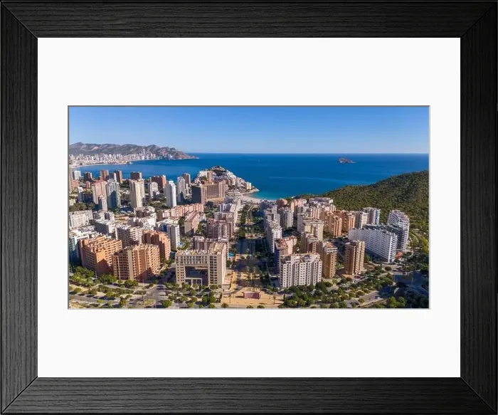 Framed Print : Aerial drone view of the skyline of Benidorm. Benidorm is a coastal city in the Costa Blanca, Spain