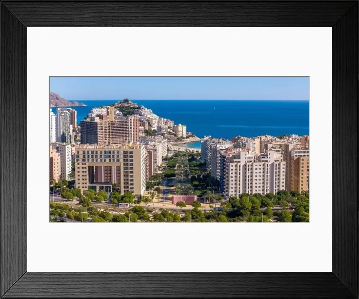 Framed Print : Aerial drone view of the skyline of Benidorm. Benidorm is a coastal city in the Costa Blanca, Spain