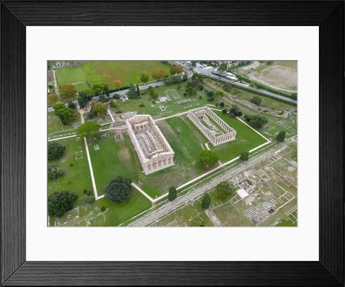 Framed Print : Aerial drone photo of the old ruins in Paestum, Italy. There is an old Greek temple Framed Print : Aerial drone photo of the old ruins in Paestum, Italy. There is an old Greek temple