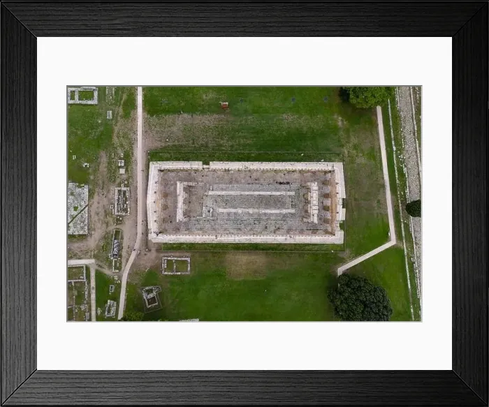 Framed Print : Aerial drone photo of the old ruins in Paestum, Italy. There is an old Greek temple Framed Print : Aerial drone photo of the old ruins in Paestum, Italy. There is an old Greek temple
