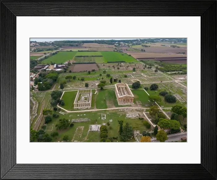 Framed Print : Aerial drone photo of the old ruins in Paestum, Italy. There is an old Greek temple Framed Print : Aerial drone photo of the old ruins in Paestum, Italy. There is an old Greek temple