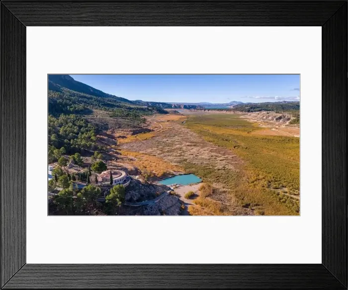 Framed Print : Aerial drone photo of the lake Negratin and the hot springs which are located in the Granada Geopark, Spain Framed Print : Aerial drone photo of the lake Negratin and the hot springs which are located in the Granada Geopark, Spain