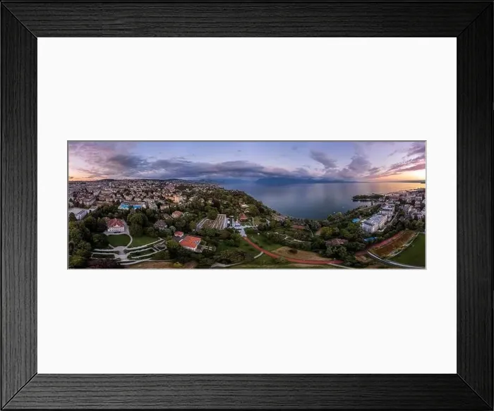 Framed Print : Aerial view of Lausanne city. Landscape of buildings, port and sky at sunset. Ouchy, Vaud Canton, Switzerland Framed Print : Aerial view of Lausanne city. Landscape of buildings, port and sky at sunset. Ouchy, Vaud Canton, Switzerland