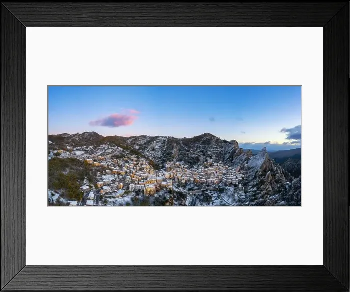 Framed Print : A drone panorama view of Castelmezzano at sunrise in winter Framed Print : A drone panorama view of Castelmezzano at sunrise in winter
