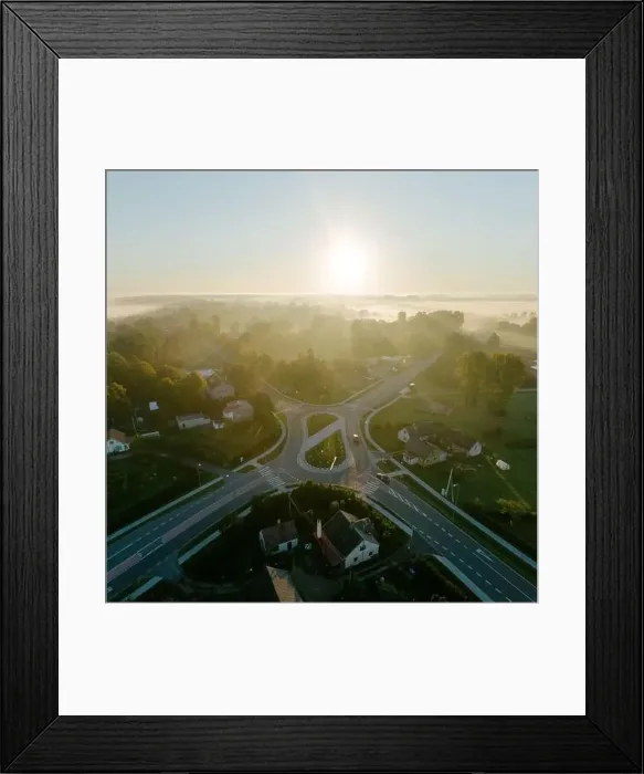 Framed Print : Jurbarkas Roundabout in early foggy morning from drone Framed Print : Jurbarkas Roundabout in early foggy morning from drone