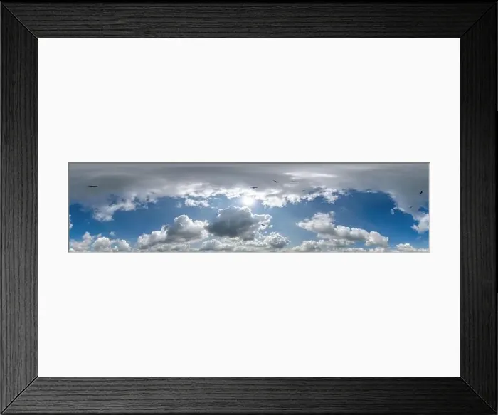 Framed Print : seamless cloudy blue skydome 360 hdri panorama view with flock of birds in awesome clouds with zenith for use in 3d Framed Print : seamless cloudy blue skydome 360 hdri panorama view with flock of birds in awesome clouds with zenith for use in 3d