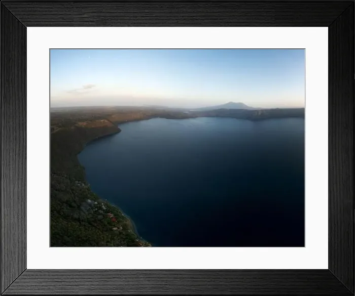 Framed Print : Volcanic lagoon Apoyo in Nicaragua aerial drone view on sunset orange color Framed Print : Volcanic lagoon Apoyo in Nicaragua aerial drone view on sunset orange color