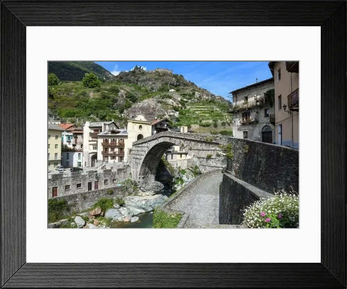 Framed Print : Pont Saint Martin, Italy - 17 September 2023: view at the village of Pont Saint Martin on Aosta valley in Italy Framed Print : Pont Saint Martin, Italy - 17 September 2023: view at the village of Pont Saint Martin on Aosta valley in Italy