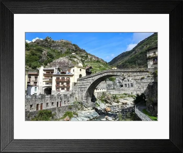 Framed Print : Pont Saint Martin, Italy - 17 September 2023: view at the village of Pont Saint Martin on Aosta valley in Italy Framed Print : Pont Saint Martin, Italy - 17 September 2023: view at the village of Pont Saint Martin on Aosta valley in Italy
