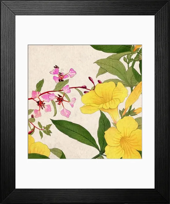 Framed Print : Digital floral design featuring a lively color palette on textured beige Framed Print : Digital floral design featuring a lively color palette on textured beige