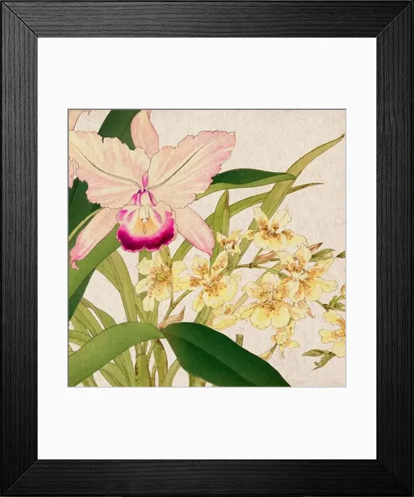 Framed Print : Digital floral design featuring a lively color palette on textured beige Framed Print : Digital floral design featuring a lively color palette on textured beige