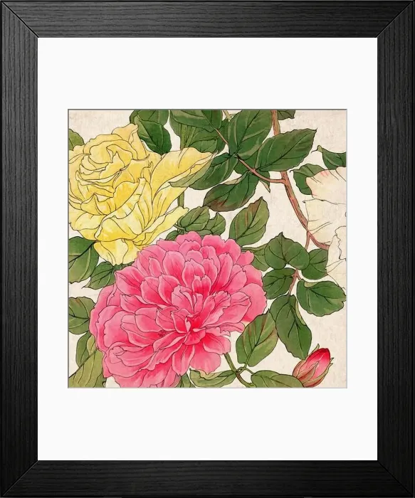 Framed Print : Digital floral design featuring a lively color palette on textured beige Framed Print : Digital floral design featuring a lively color palette on textured beige
