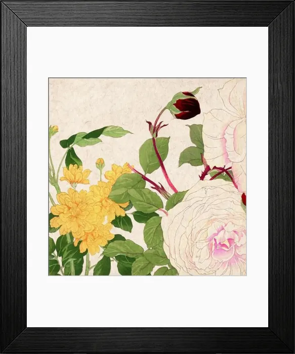 Framed Print : Digital floral design featuring a lively color palette on textured beige Framed Print : Digital floral design featuring a lively color palette on textured beige