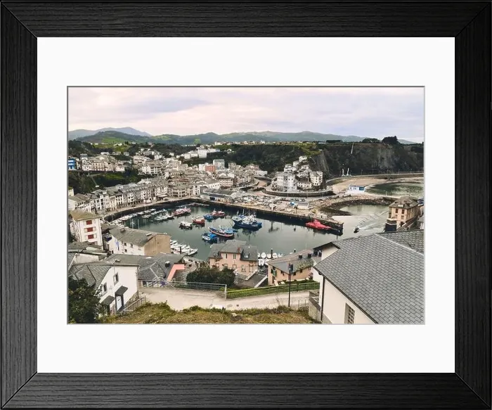 Framed Print : Above view to the moored boats in harbour of Luarca during cloudy winter day Framed Print : Above view to the moored boats in harbour of Luarca during cloudy winter day