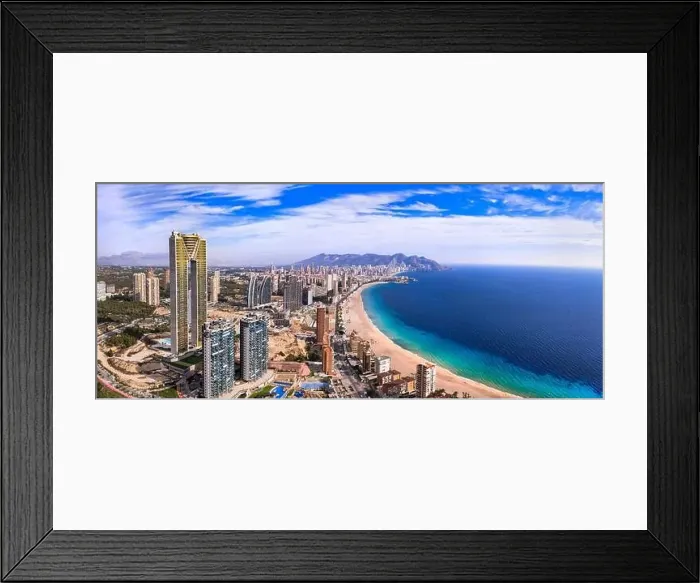 Framed Print : Benidorm city of Costa Blanca, Spain. Aerial drone panoramic high angle view, coastal cityscape panorama Framed Print : Benidorm city of Costa Blanca, Spain. Aerial drone panoramic high angle view, coastal cityscape panorama