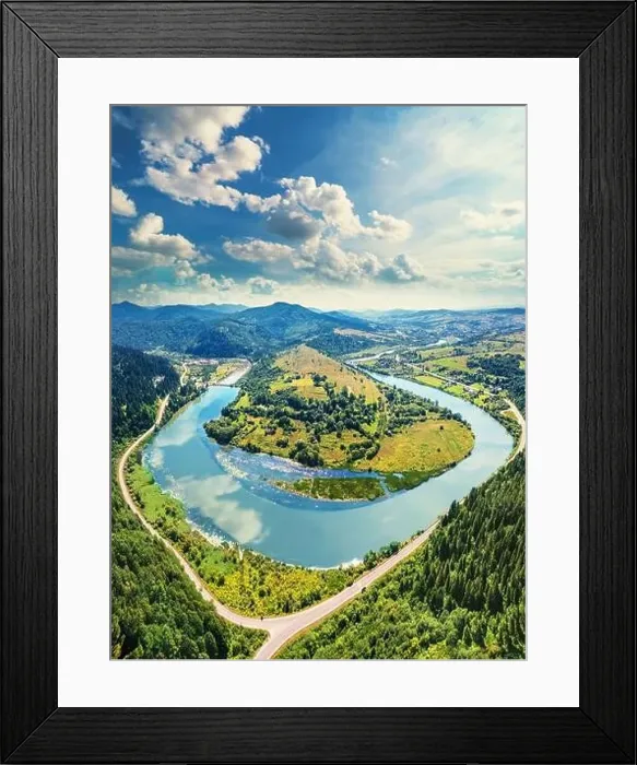 Framed Print : River meander in a mountain valley in summer. Drone view Framed Print : River meander in a mountain valley in summer. Drone view