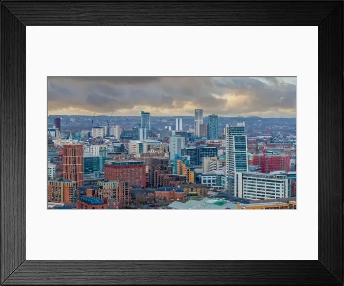 Framed Print : Leeds city centre, West Yorkshire aerial panoramic view of the city centre looking north towards retail and offices