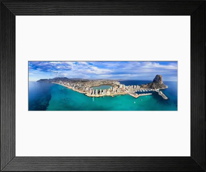 Framed Print : Costa Blanca, Spain. Aerial drone panoramic view of coastal city Calpe with great beaches. Alicante province Framed Print : Costa Blanca, Spain. Aerial drone panoramic view of coastal city Calpe with great beaches. Alicante province