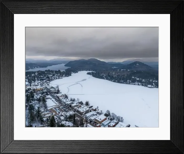 Framed Print : Afternoon winter aerial photo of Mirror Lake in the Village of Lake Placid, New York. (01-05-2024)