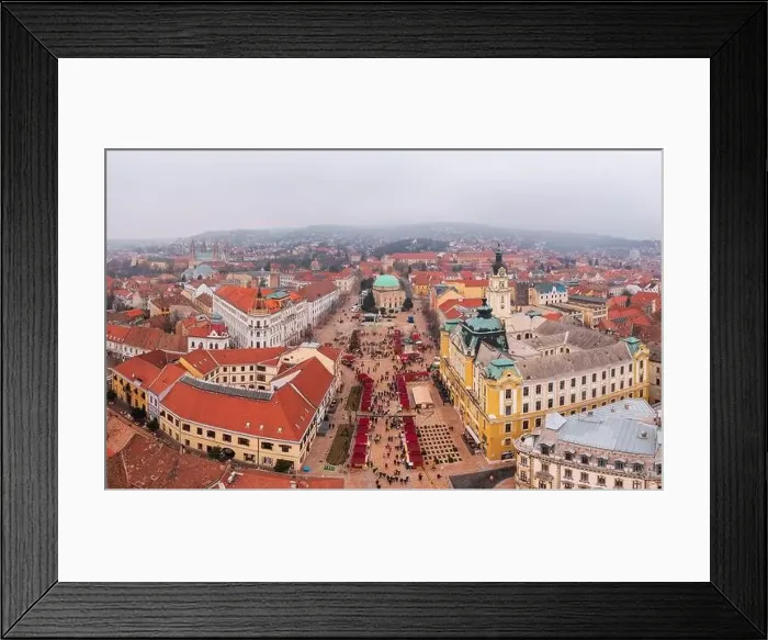 Framed Print : Panoramic aerial skyline view about the christmas market at downtown of Pecs with the Mosque of Pasha Gazi Kassim in Framed Print : Panoramic aerial skyline view about the christmas market at downtown of Pecs with the Mosque of Pasha Gazi Kassim in
